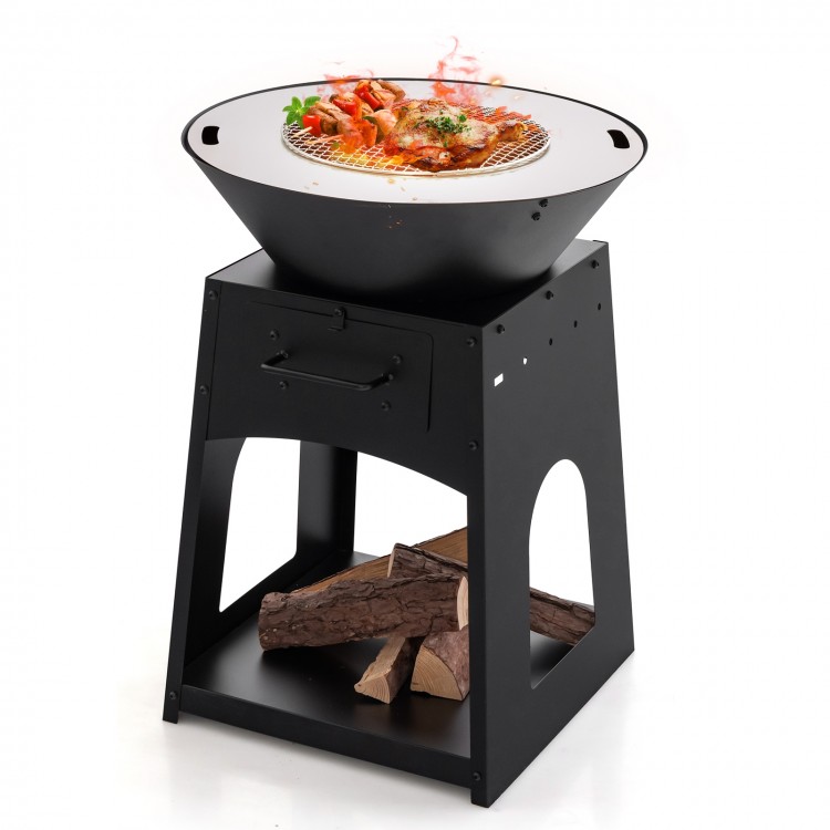 Patio fire pit in black with grill, ash box, and firewood log rack, ideal for backyard barbecues and outdoor gatherings.