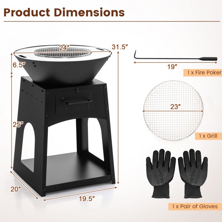 Patio fire pit with grill and ash box, black, featuring durable metal construction and dimensions for outdoor use.