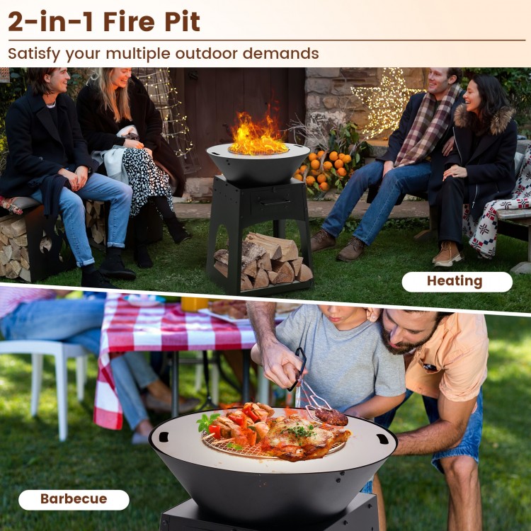Patio fire pit with grill and ash box, featuring durable metal construction for heating and barbecuing outdoors.