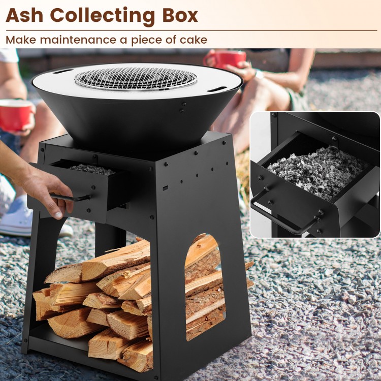 Patio fire pit with ash collecting box and firewood log rack, featuring durable black metal construction for outdoor.
