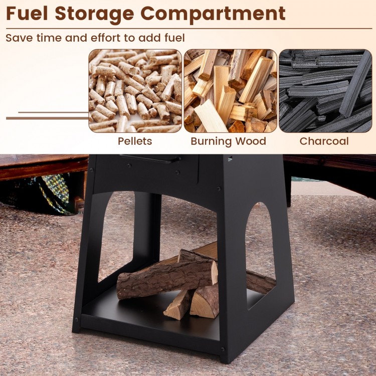 Patio fire pit featuring a fuel storage compartment for wood, pellets, or charcoal, ideal for outdoor gatherings.