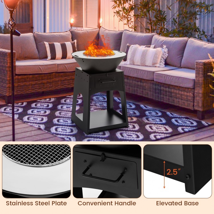 Patio fire pit with stainless steel plate, elevated base, and ash box, perfect for outdoor gatherings and barbecuing.