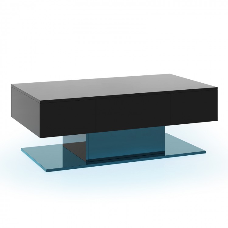 Modern black LED coffee table with two storage drawers and vibrant ambient lights for stylish living room decor.