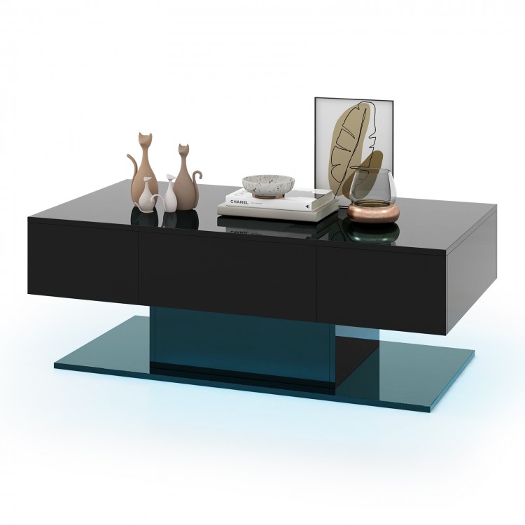 Modern LED coffee table in black with two storage drawers, featuring vibrant adjustable lights for stylish living room.
