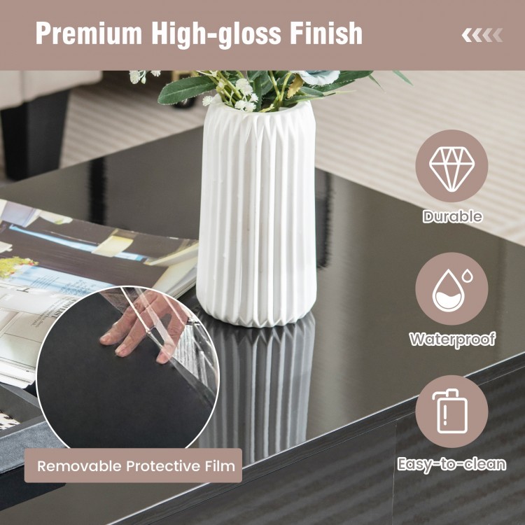Modern LED coffee table with high-gloss black finish, featuring removable protective film and easy-to-clean surface.