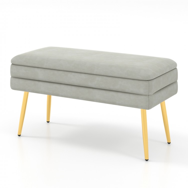Grey velvet upholstered storage bench with removable top and electroplated metal legs, ideal for living room or.
