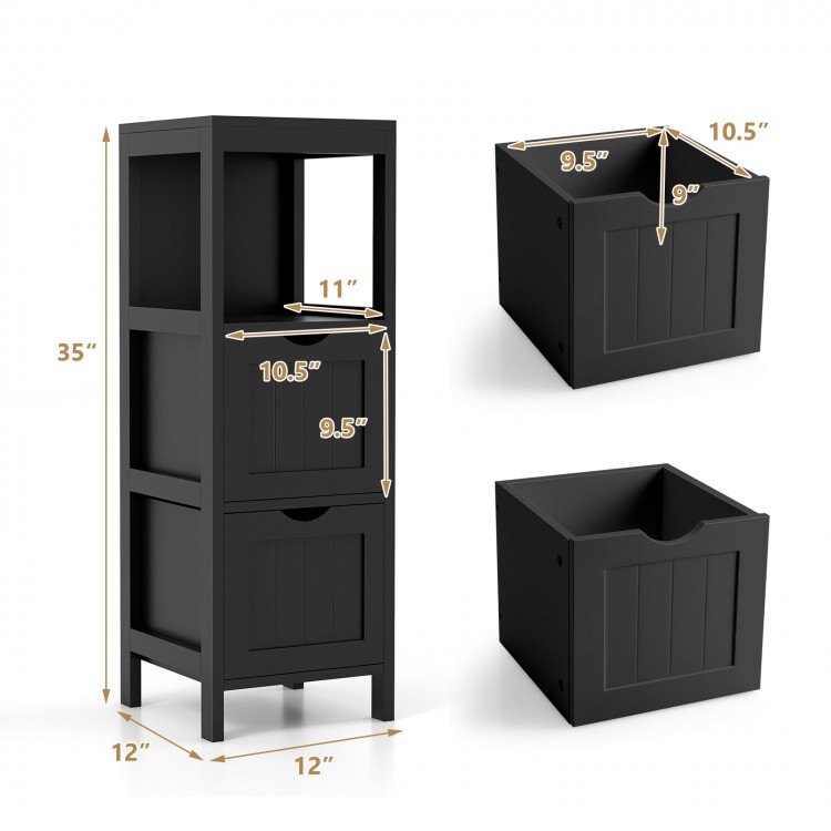 Freestanding black storage cabinet with 2 removable drawers and open shelf, ideal for bathroom or living room.