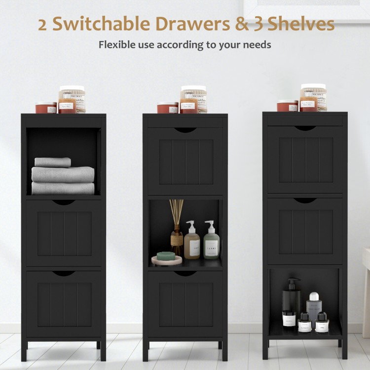 Freestanding black storage cabinet with 2 removable drawers and 3 shelves, ideal for bathroom organization and decor.