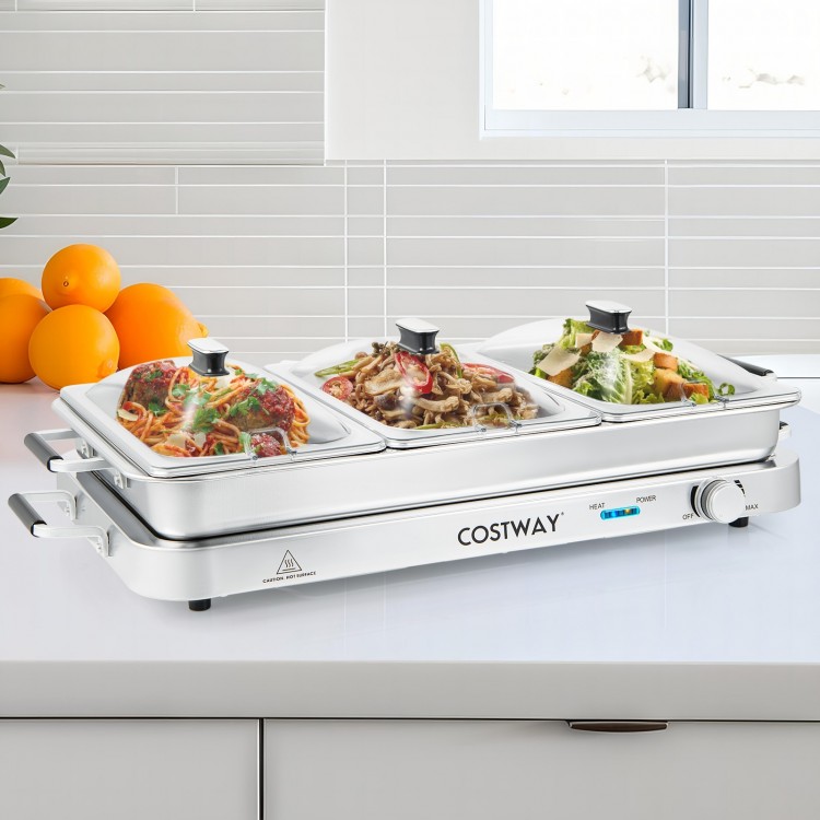 Electric warming tray with three 8 qt stainless steel serving trays, featuring temperature control for efficient food.