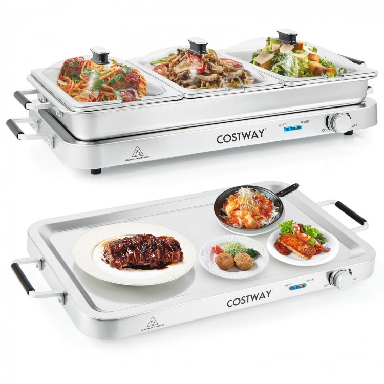 Electric warming tray with three 8 qt serving trays, stainless steel, and temperature control for efficient food.