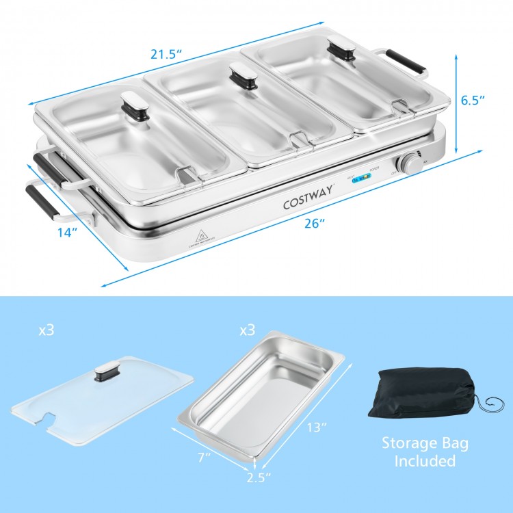 Electric warming tray with three stainless steel serving trays, 8 qt capacity, and temperature control for efficient.