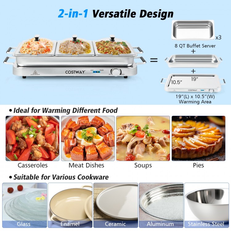 Electric warming tray with three 8 qt serving trays, stainless steel design, ideal for keeping food warm efficiently.