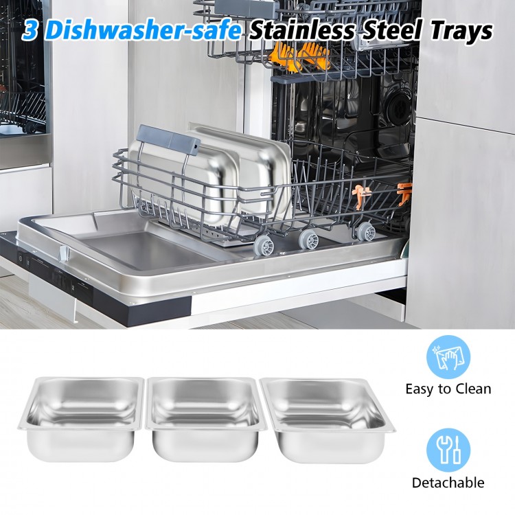 Three dishwasher-safe stainless steel trays for the 2 in 1 electric warming tray, designed for easy cleaning and food.