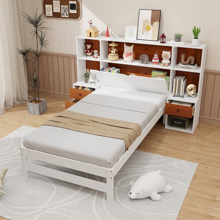 Twin size bed frame with storage headboard, nightstands, and open shelves for easy access to bedtime essentials.