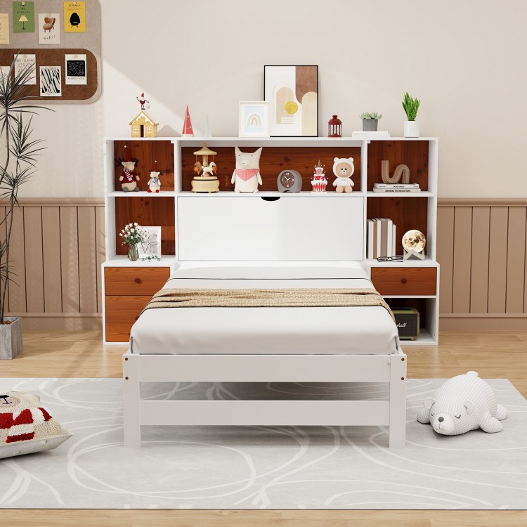 Twin size bed frame with storage headboard, open shelves, and nightstands, perfect for organized bedroom essentials.