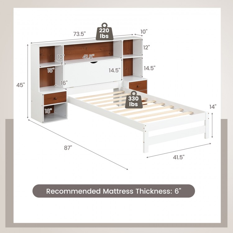 Twin size bed frame with storage headboard, showcasing dimensions and recommended mattress thickness for optimal use.