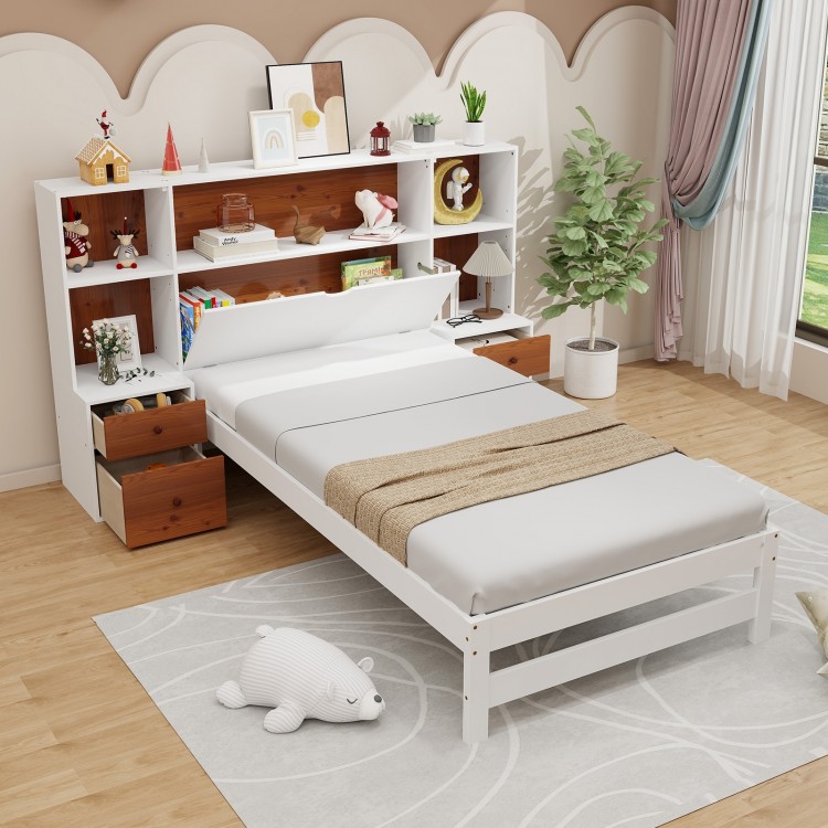 Twin size bed frame with storage headboard, open shelves, and nightstands featuring 3 drawers for organized storage.