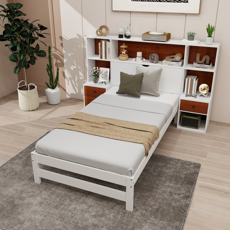 Twin size bed frame with storage headboard, nightstands, and open shelves for bedtime essentials in a modern bedroom.