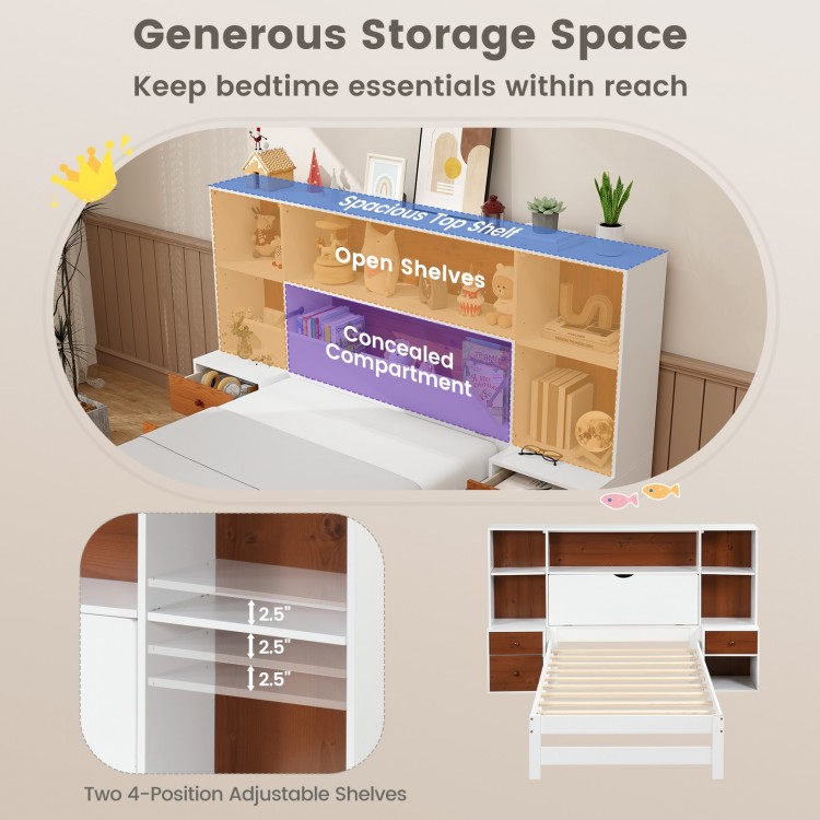 Twin bed frame with storage headboard, open shelves, and nightstands featuring 3 drawers for organized bedroom.