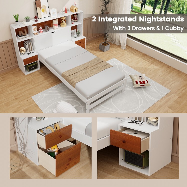 Twin bed frame with storage headboard, integrated nightstands, 3 drawers, and open shelves for bedtime essentials.