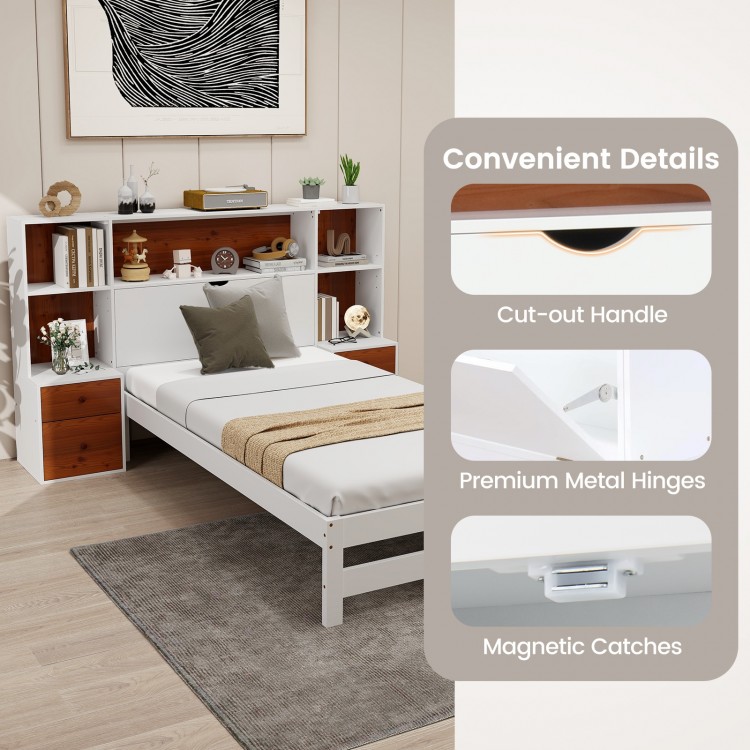 Twin size bed frame with storage headboard, featuring open shelves, nightstands, and premium metal hinges for.