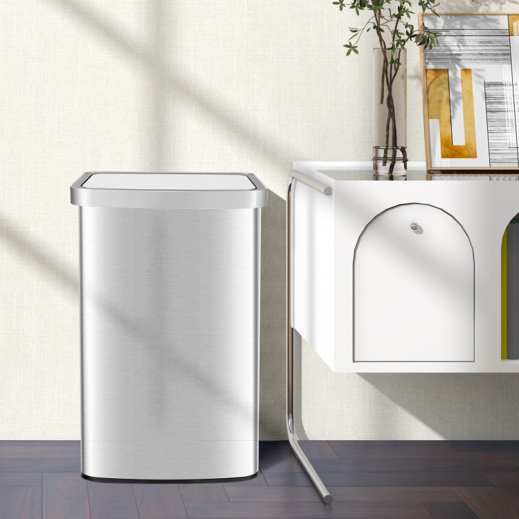 Rectangular 13-gallon automatic garbage can in stainless steel with infrared motion sensor for hands-free use.