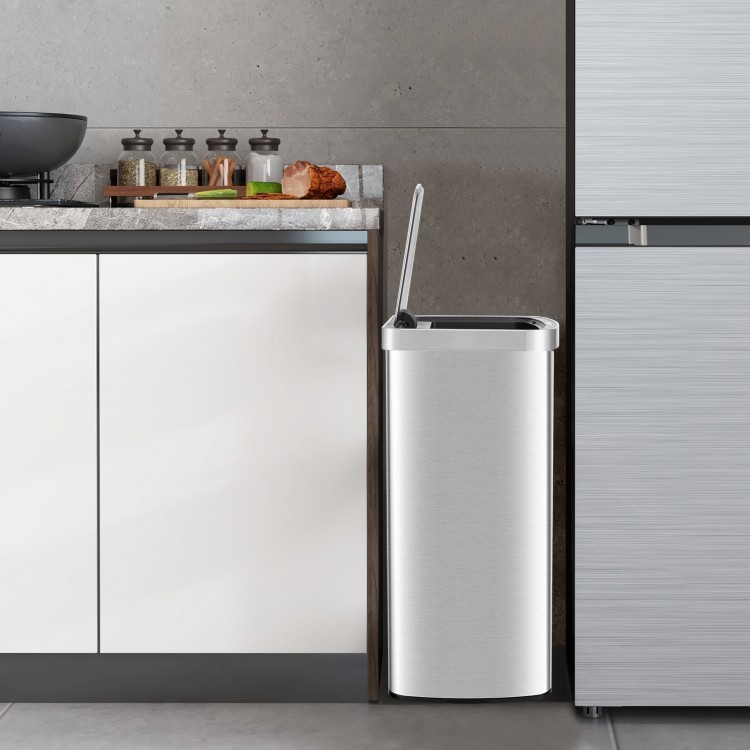 Stainless steel 13-gallon automatic garbage can with infrared motion sensor, ideal for kitchen use and odor control.