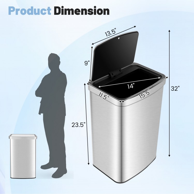 Rectangular 13-gallon automatic garbage can with stainless steel finish, dimensions 14"x11.5"x32" for efficient waste.