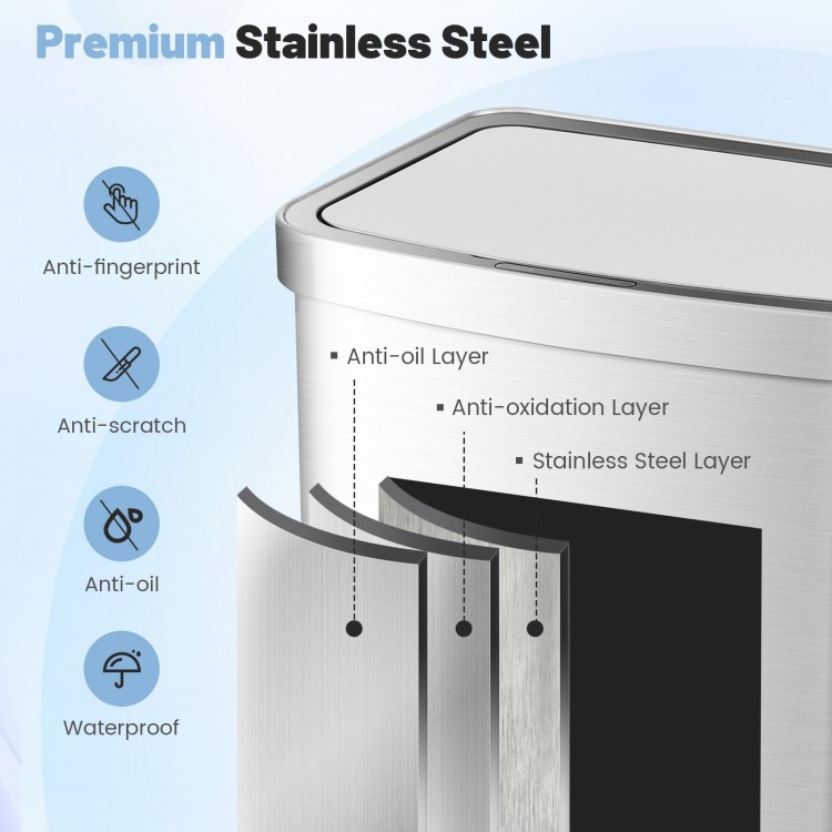 Close-up of the 13-gallon stainless steel automatic garbage can, featuring anti-fingerprint and waterproof design.