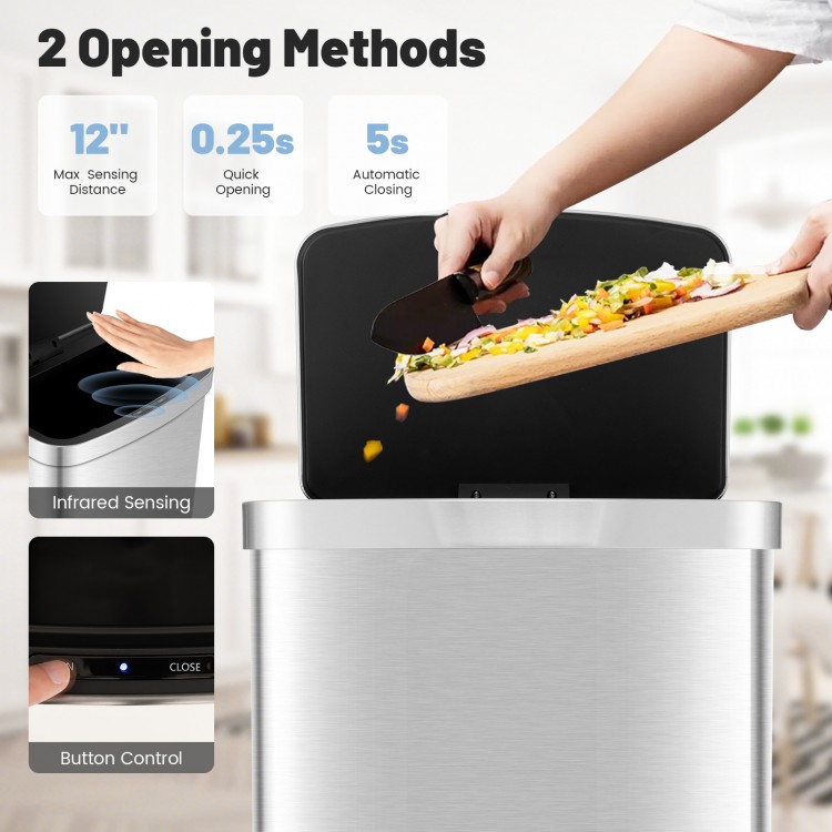 Automatic garbage can with stainless steel finish, 13-gallon capacity, and infrared motion sensor for hands-free.