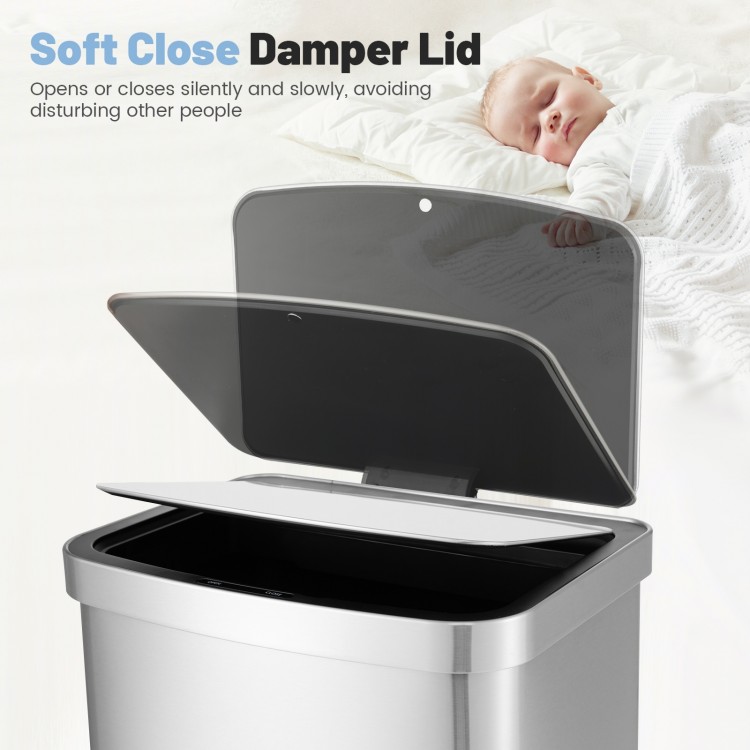 Rectangular 13-gallon automatic garbage can with stainless steel finish and soft close damper lid for quiet operation.