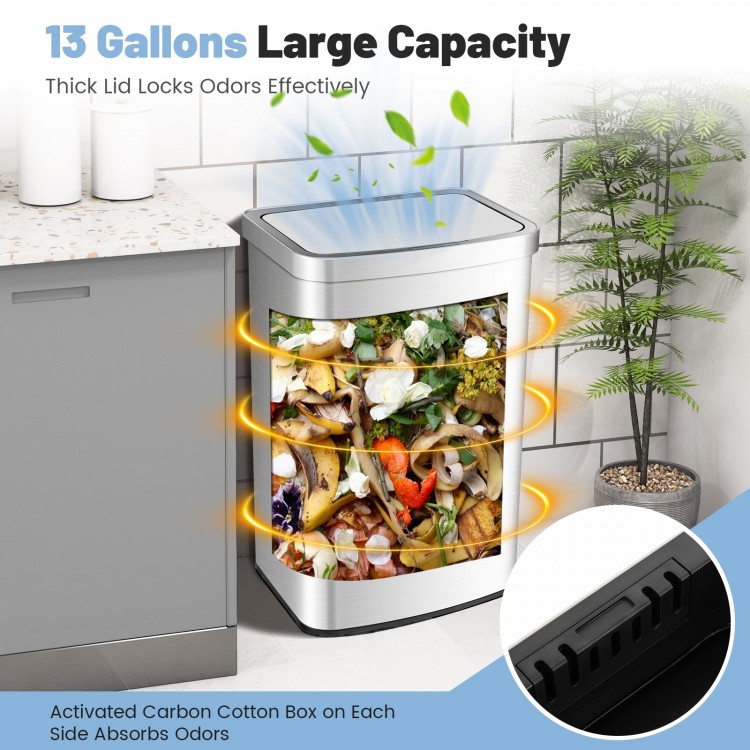 Rectangular 13-gallon automatic garbage can with stainless steel finish and motion sensor, designed to lock in odors.