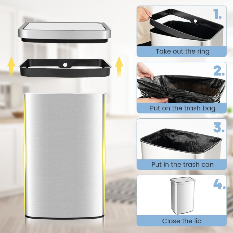 Automatic 13-gallon stainless steel garbage can with infrared motion sensor, showcasing easy bag installation steps.