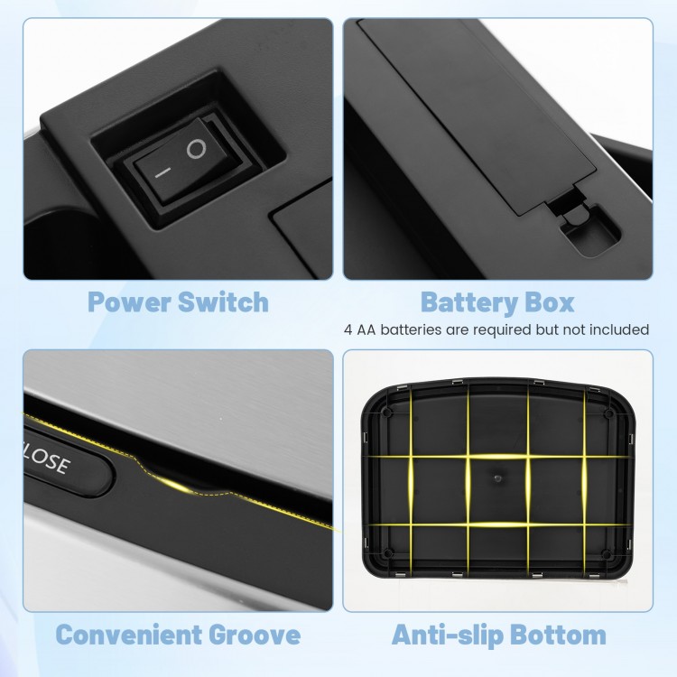 Close-up of the 13-gallon automatic garbage can's power switch and battery box, featuring a sleek stainless steel.
