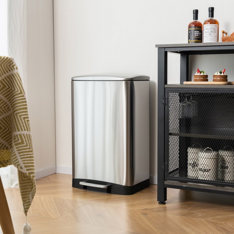 Stainless steel 13.2 gal trash can with lock device, soft closing lid, and anti-fingerprint finish for easy cleanup.