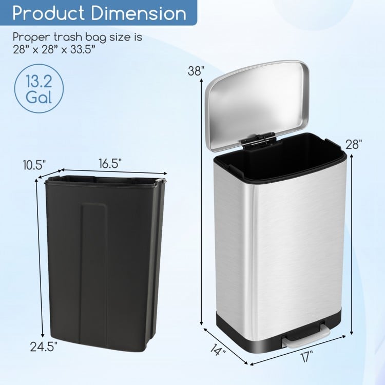 Dimensions of the 13.2 gal stainless steel trash can with a lock device, showcasing size suitability for standard trash.