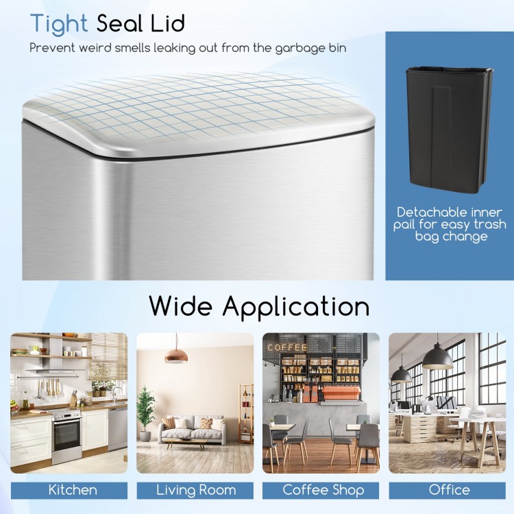 Stainless steel 13.2 gal trash can with lock device and soft closing lid, ideal for kitchens and offices.