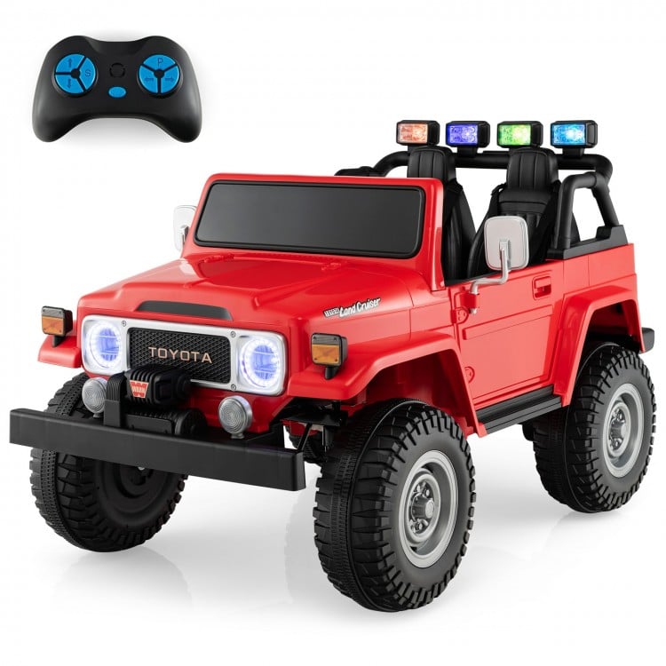 Red 12V licensed Toyota FJ40 kids ride-on car featuring colored laser lights and a comfortable spring suspension system.