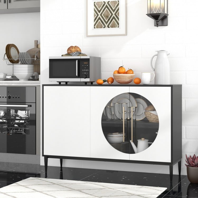 Sideboard cabinet with tempered glass door in white, featuring adjustable shelves and raised metal legs for versatile.