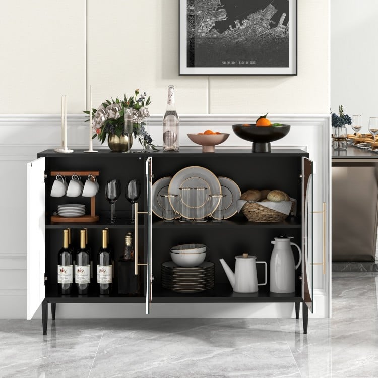 Sideboard cabinet with tempered glass doors, featuring adjustable shelves and a spacious top for versatile storage in.