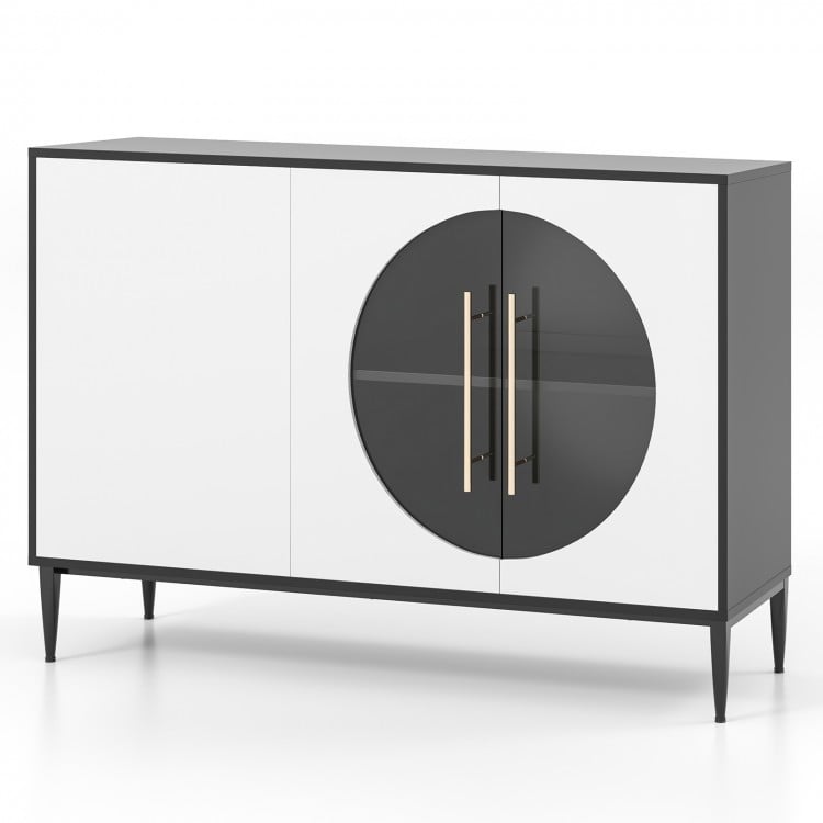 Sideboard cabinet with a sleek black circle design, featuring tempered glass doors and raised metal legs for stylish.