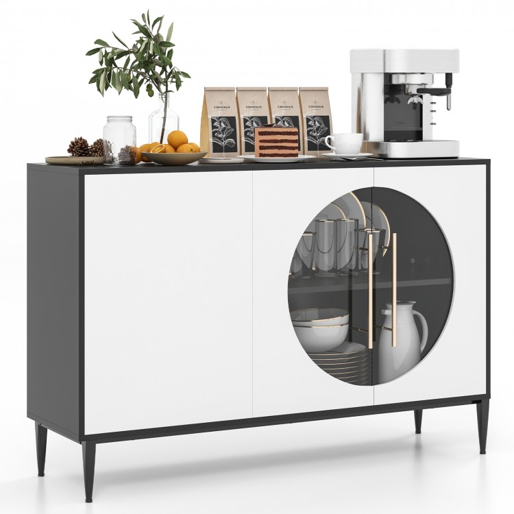 Sideboard cabinet with tempered glass door, white finish, adjustable shelves, ideal for living room or kitchen storage.