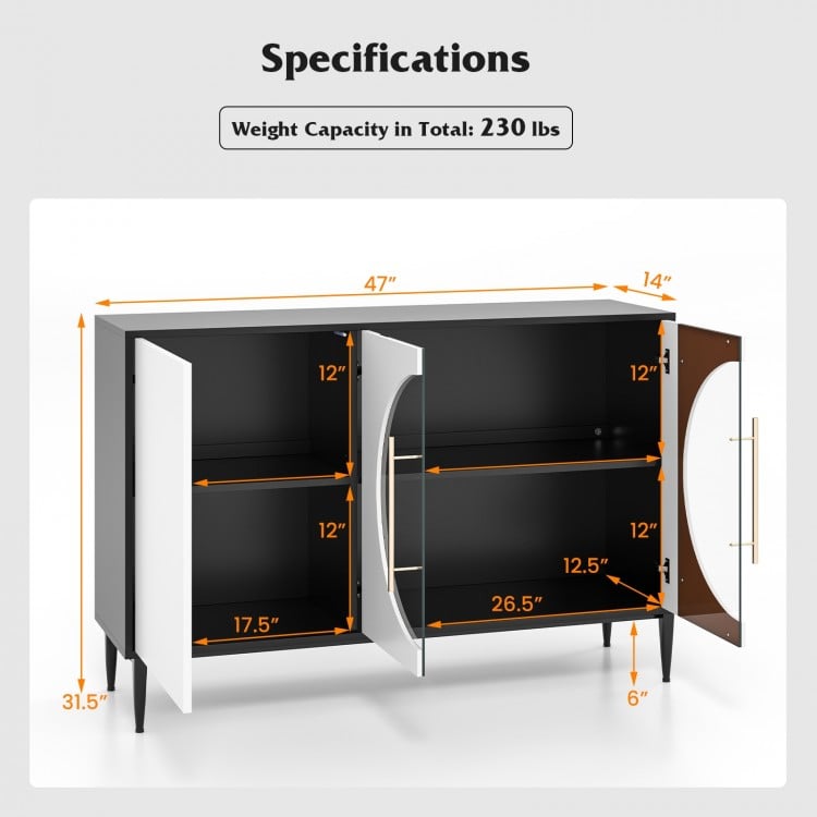 Sideboard cabinet specifications showing dimensions, weight capacity, and features like tempered glass doors and.