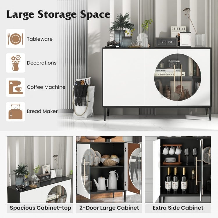 Sideboard cabinet with tempered glass doors, spacious top, and adjustable shelves for versatile storage in living room.