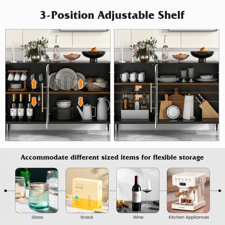 3-position adjustable shelves in a white sideboard cabinet with tempered glass doors for customizable storage in any.