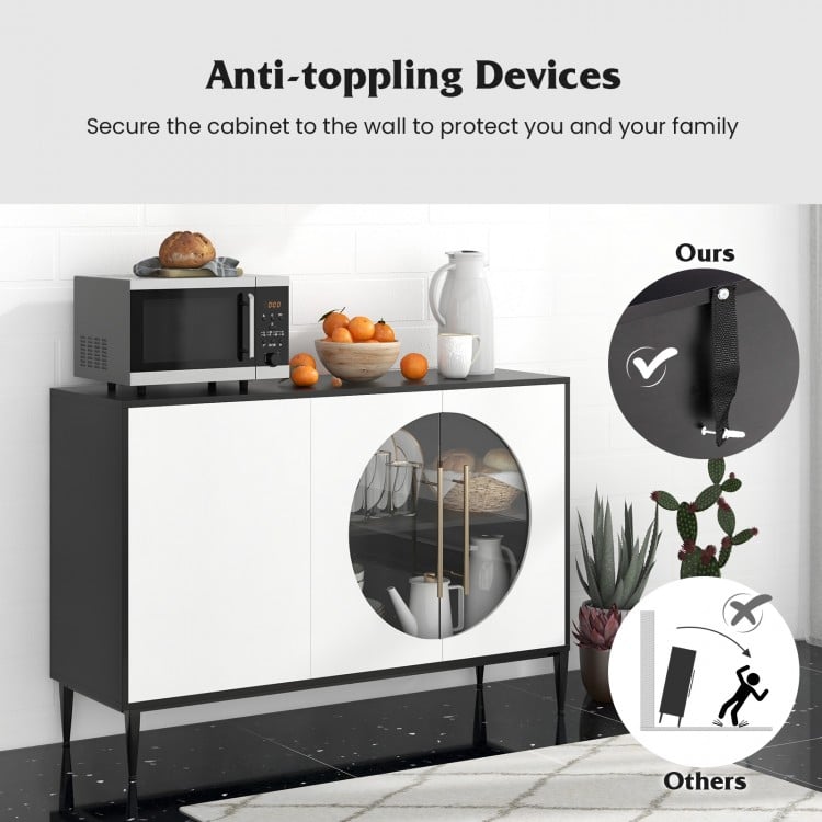 Sideboard cabinet with tempered glass door, featuring anti-toppling devices, adjustable shelves, and raised metal legs.