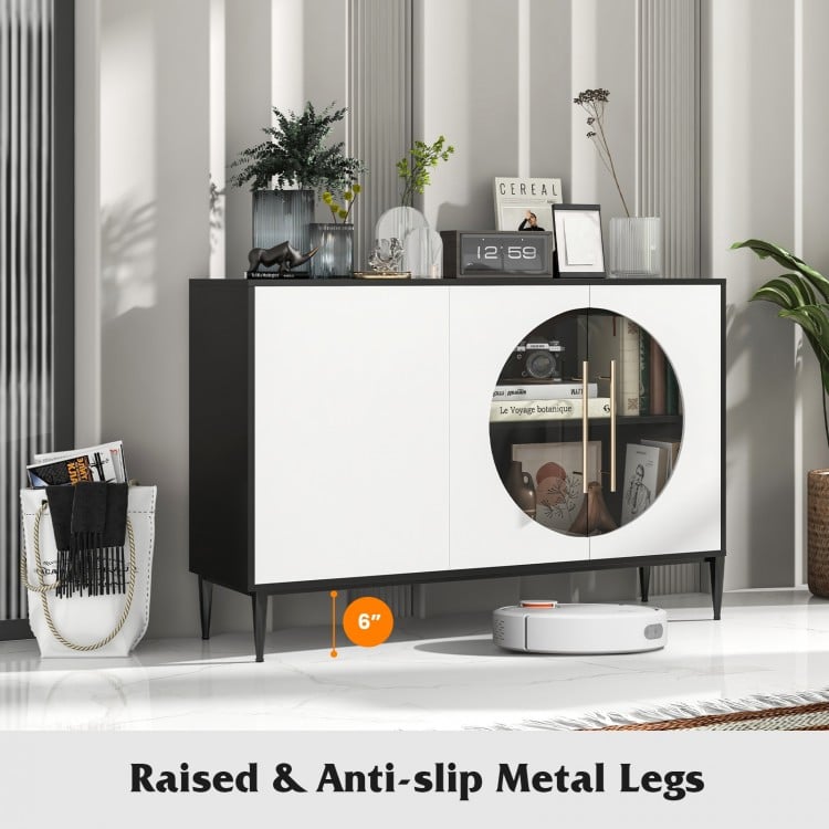 Sideboard cabinet with tempered glass door, adjustable shelves, and raised anti-slip metal legs for versatile storage.