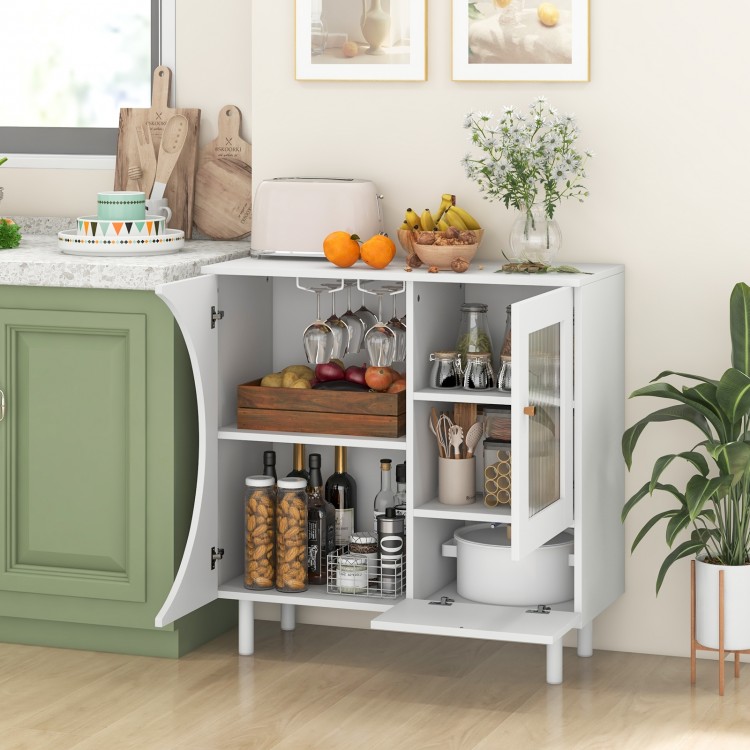 Kitchen sideboard with glass holder, white finish, featuring ample storage and modern design for dining or living room.
