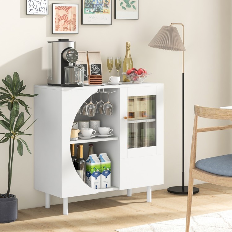 White kitchen sideboard with glass holder, featuring a modern design and ample storage for dining room or living room.