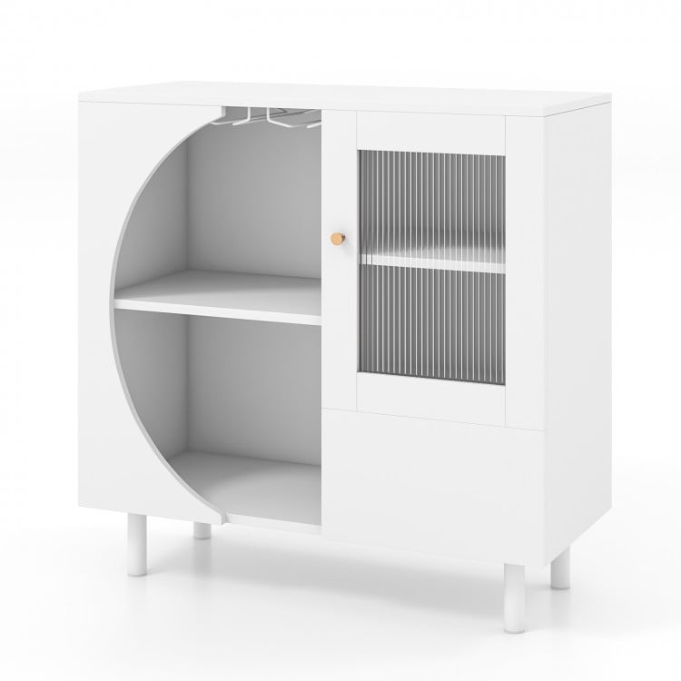 White kitchen sideboard with glasses holder, featuring a tempered glass door and ample storage for dining essentials.